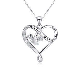 Sterling Silver Zircon Silver Plated I Love You to The Moon and Back Butterfly Heart Pendant Necklace-0