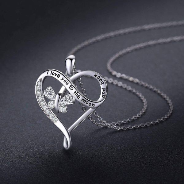 Sterling Silver Zircon Silver Plated I Love You to The Moon and Back Butterfly Heart Pendant Necklace-1