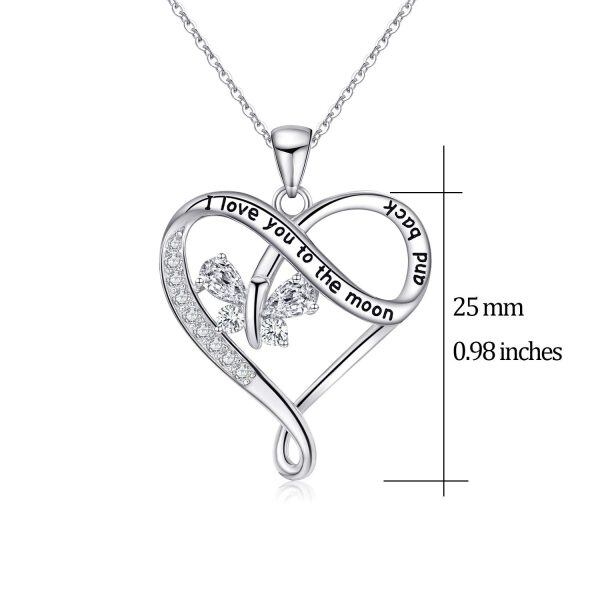 Sterling Silver Zircon Silver Plated I Love You to The Moon and Back Butterfly Heart Pendant Necklace-6