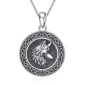 Sterling Silver Oxidized Viking Runes Coin Celtic Wolf Head Pendant Necklace -0