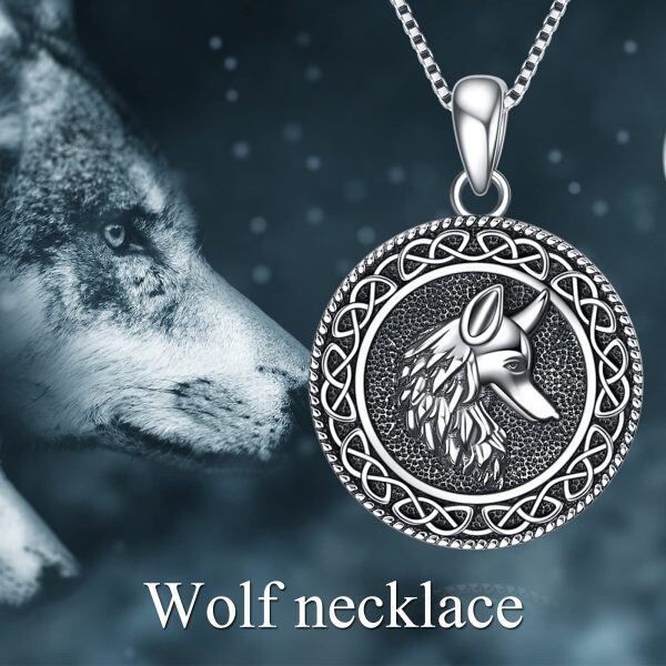 Sterling Silver Oxidized Viking Runes Coin Celtic Wolf Head Pendant Necklace -5