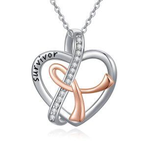 Sterling Silver Zircon Two Tone Color Breast Cancer Survivor Heart Pendant Necklace -0