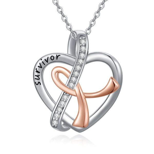 Sterling Silver Zircon Two Tone Color Breast Cancer Survivor Heart Pendant Necklace -0