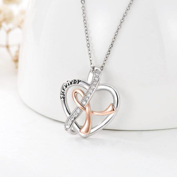 Sterling Silver Zircon Two Tone Color Breast Cancer Survivor Heart Pendant Necklace -1