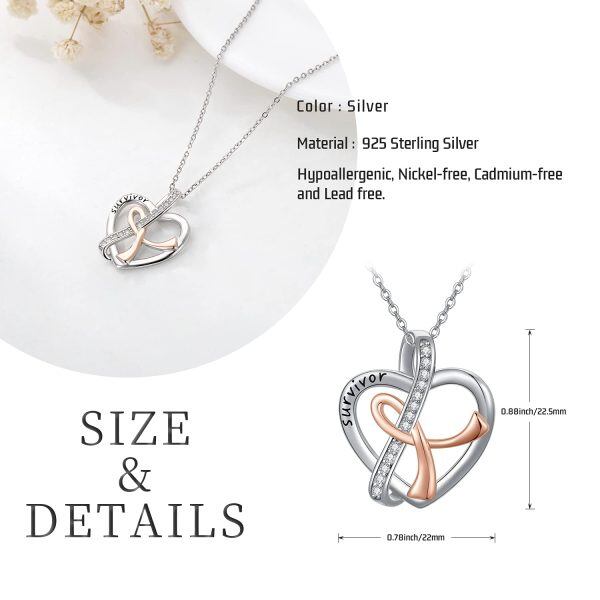 Sterling Silver Zircon Two Tone Color Breast Cancer Survivor Heart Pendant Necklace -5