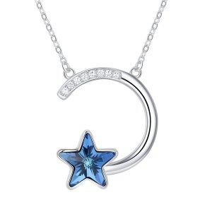 Sterling Silver Silver Plated Star and Moon with Blue Crystal Pendent Necklace-0