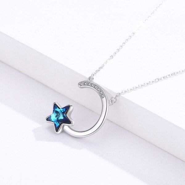 Sterling Silver Silver Plated Star and Moon with Blue Crystal Pendent Necklace-1