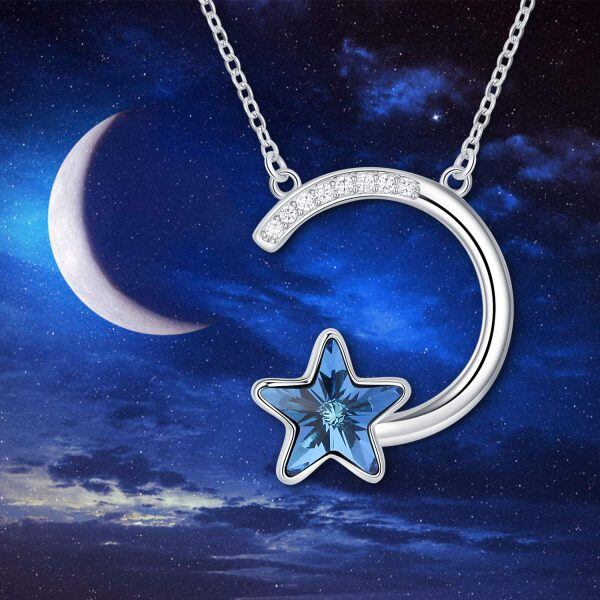 Sterling Silver Silver Plated Star and Moon with Blue Crystal Pendent Necklace-2