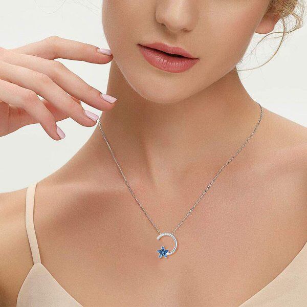 Sterling Silver Silver Plated Star and Moon with Blue Crystal Pendent Necklace-4