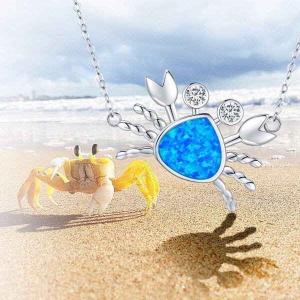 Sterling Silver Opal and Zircon Silver Plated Ocean Crab Pendnet Necklace-4