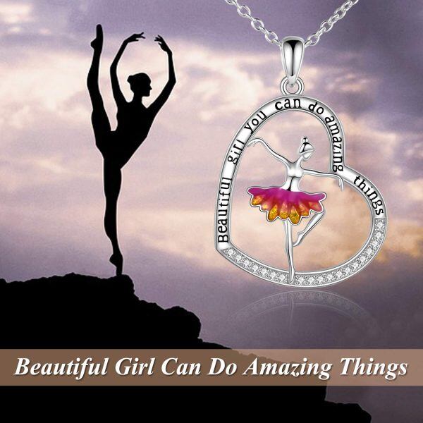 Sterling Silver Zircon Silver Plated Ballerina Dance Heart Pendant Necklace-1