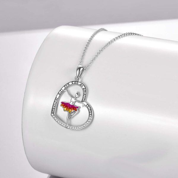 Sterling Silver Zircon Silver Plated Ballerina Dance Heart Pendant Necklace-2