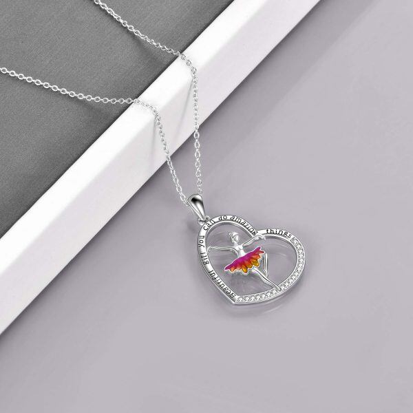 Sterling Silver Zircon Silver Plated Ballerina Dance Heart Pendant Necklace-3