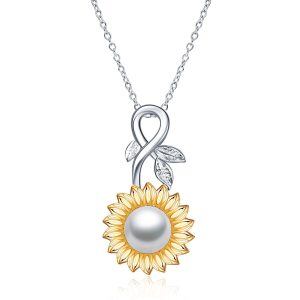 Sterling Silver Pearl Two Tone Color Sunflower Pendant Necklace-0