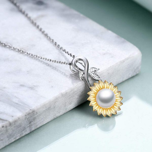 Sterling Silver Pearl Two Tone Color Sunflower Pendant Necklace-2