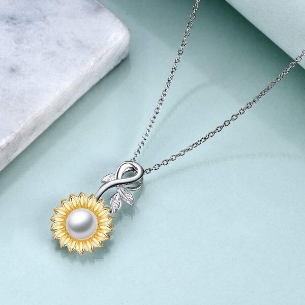 Sterling Silver Pearl Two Tone Color Sunflower Pendant Necklace-3