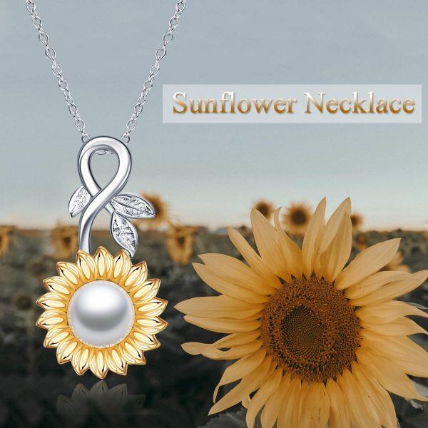 Sterling Silver Pearl Two Tone Color Sunflower Pendant Necklace-5