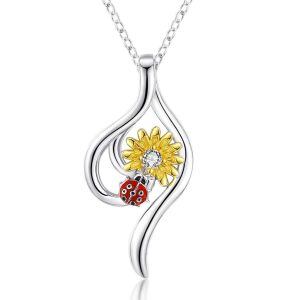 Sterling Silver Zircon Two Tone Color You are My Sunshine Sunflower Ladybug Pendant Necklace -0