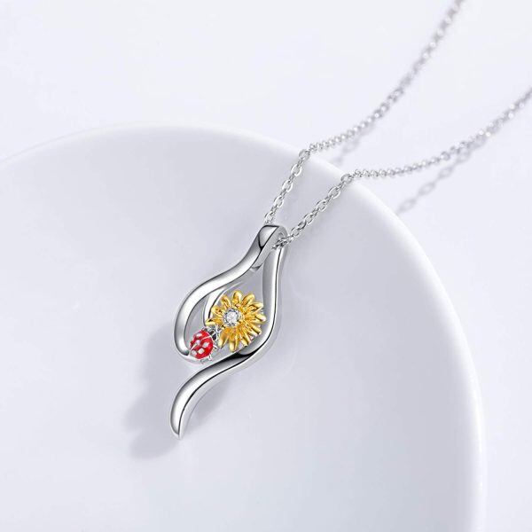 Sterling Silver Zircon Two Tone Color You are My Sunshine Sunflower Ladybug Pendant Necklace -1