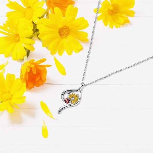 Sterling Silver Zircon Two Tone Color You are My Sunshine Sunflower Ladybug Pendant Necklace -4