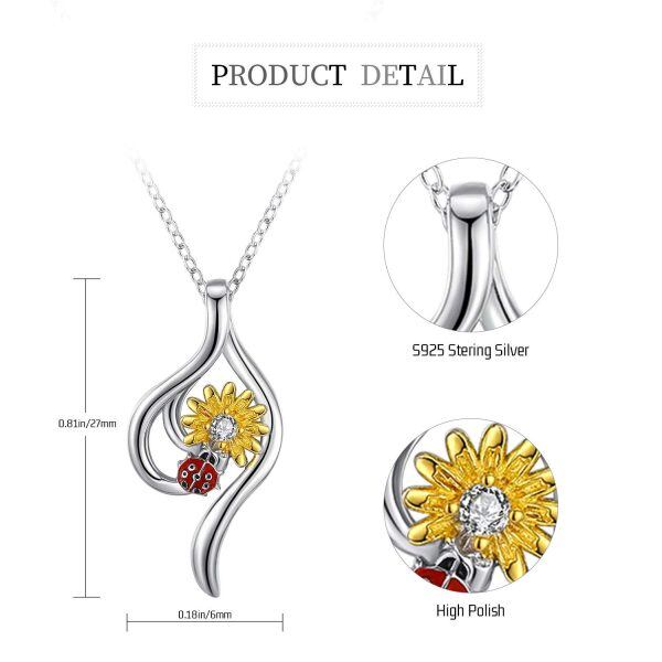 Sterling Silver Zircon Two Tone Color You are My Sunshine Sunflower Ladybug Pendant Necklace -5