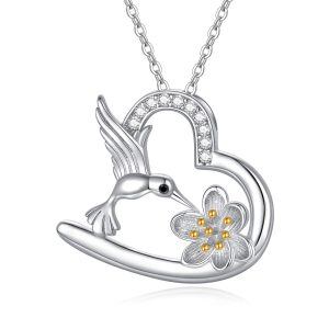 Sterling Silver Zircon Silver Plated Hummingbird Heart Necklace-0