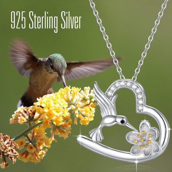 Sterling Silver Zircon Silver Plated Hummingbird Heart Necklace-2