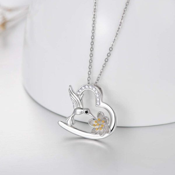 Sterling Silver Zircon Silver Plated Hummingbird Heart Necklace-3