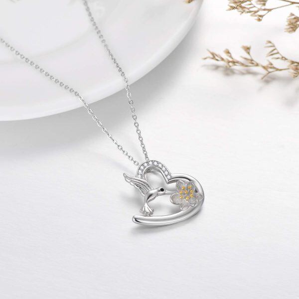 Sterling Silver Zircon Silver Plated Hummingbird Heart Necklace-4