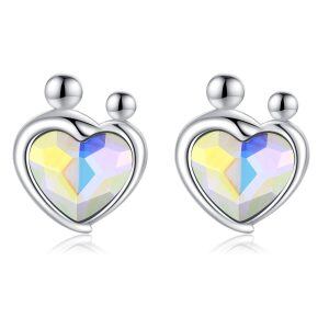 Sterling Silver Crystal Silver Plated Mother and Daughter Heart Stud Earrings -0