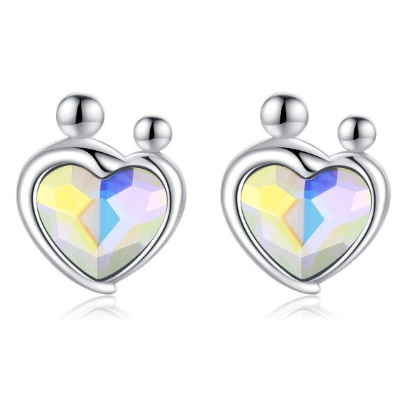 Sterling Silver Crystal Silver Plated Mother and Daughter Heart Stud Earrings -0