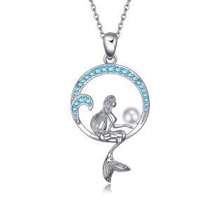 Sterling Silver Pearl Silver Plated Mermaid Pendant Necklace-0