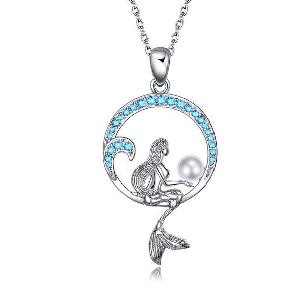 Sterling Silver Pearl Silver Plated Mermaid Pendant Necklace-0