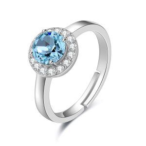 Sterling Silver Aquamarine Crystal White Gold Plated Halo Ring -0