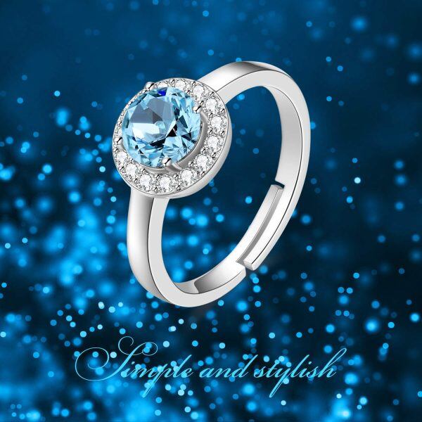 Sterling Silver Aquamarine Crystal White Gold Plated Halo Ring -4