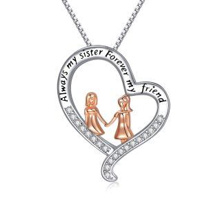 Sterling Silver Zircon Rhodium And Rose Gold Plated Sister Heart Necklace-0