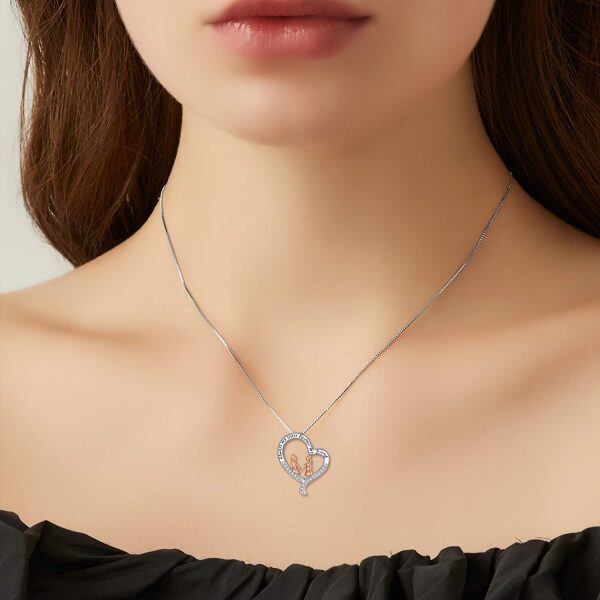 Sterling Silver Zircon Rhodium And Rose Gold Plated Sister Heart Necklace-1