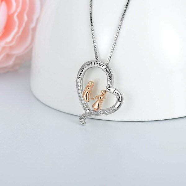 Sterling Silver Zircon Rhodium And Rose Gold Plated Sister Heart Necklace-2