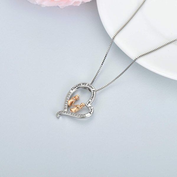 Sterling Silver Zircon Rhodium And Rose Gold Plated Sister Heart Necklace-3