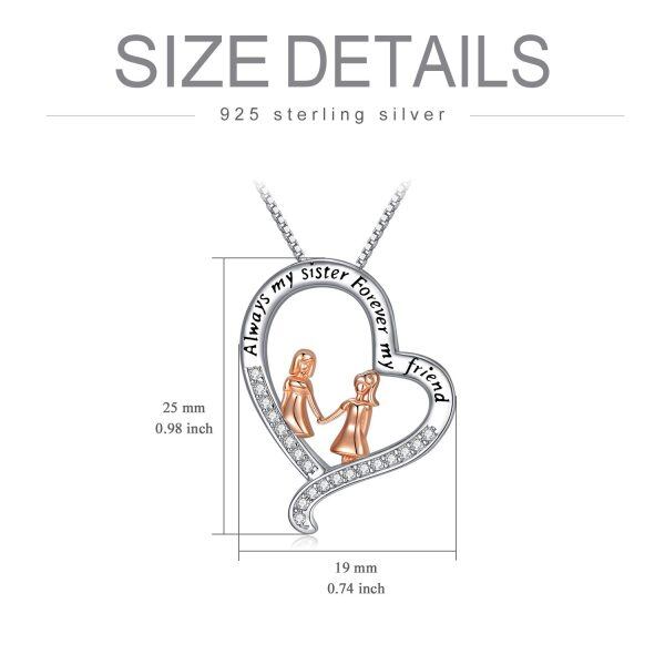 Sterling Silver Zircon Rhodium And Rose Gold Plated Sister Heart Necklace-5