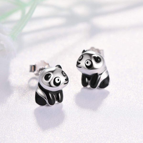 Sterling Silver Rhodium Plated Panda Earrings-4