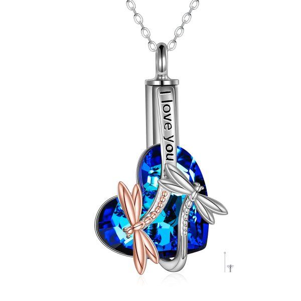 Sterling Silver Crystal Rhodium And Rose Gold Plated Dragonfly Urn Necklace-0