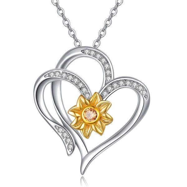 Sterling Silver Zircon Rhodium And Gold Plated Sunflower Heart Necklace-0