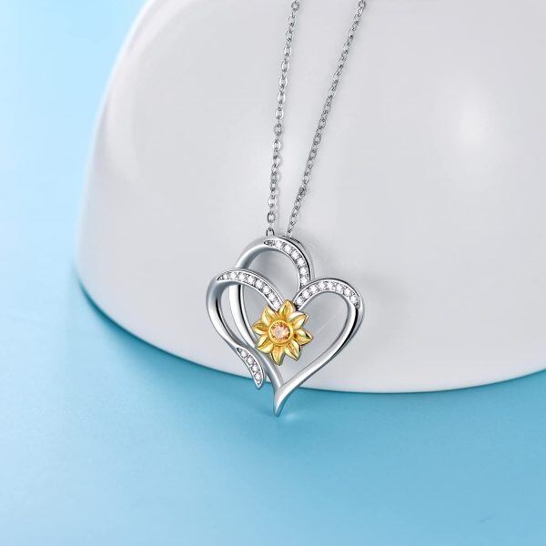 Sterling Silver Zircon Rhodium And Gold Plated Sunflower Heart Necklace-1