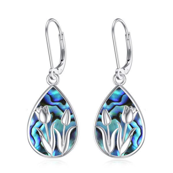 Sterling Silver Abalone Shell Rhodium Plated Tulip Earrings-0