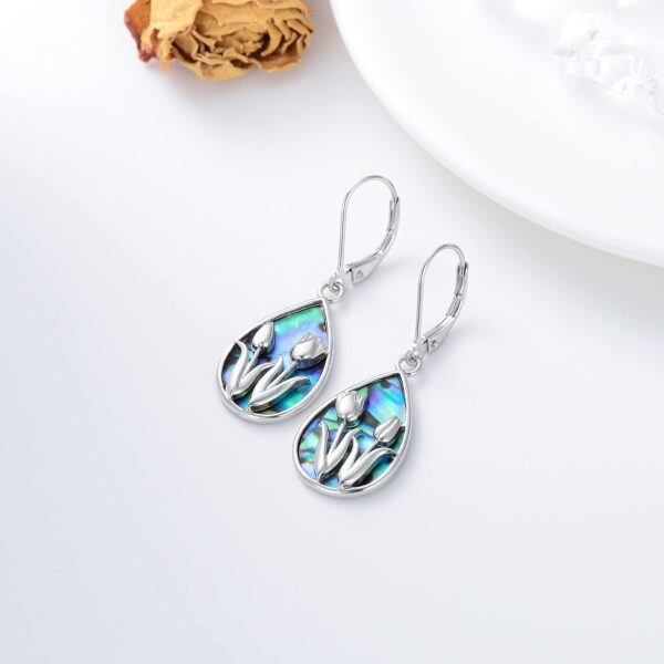 Sterling Silver Abalone Shell Rhodium Plated Tulip Earrings-3