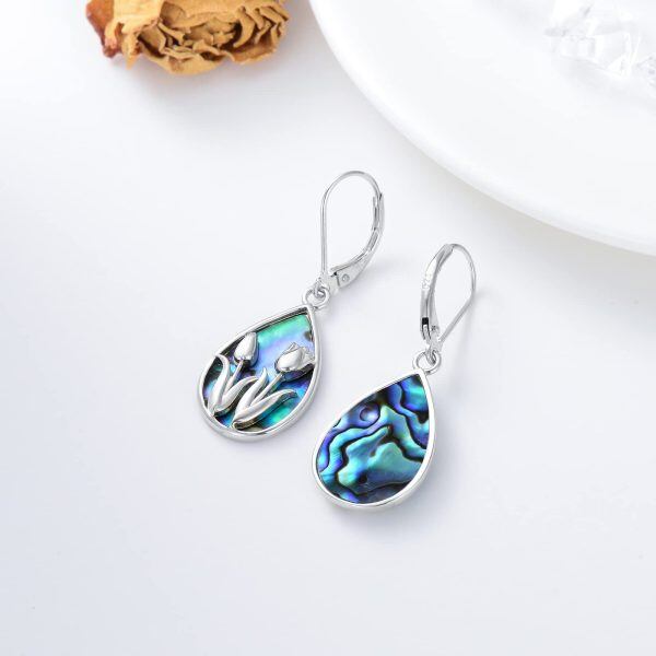 Sterling Silver Abalone Shell Rhodium Plated Tulip Earrings-4