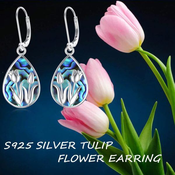 Sterling Silver Abalone Shell Rhodium Plated Tulip Earrings-5