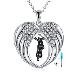 Sterling Silver Zircon Rhodium Plated Cat Angel Wing Urn Necklace-0