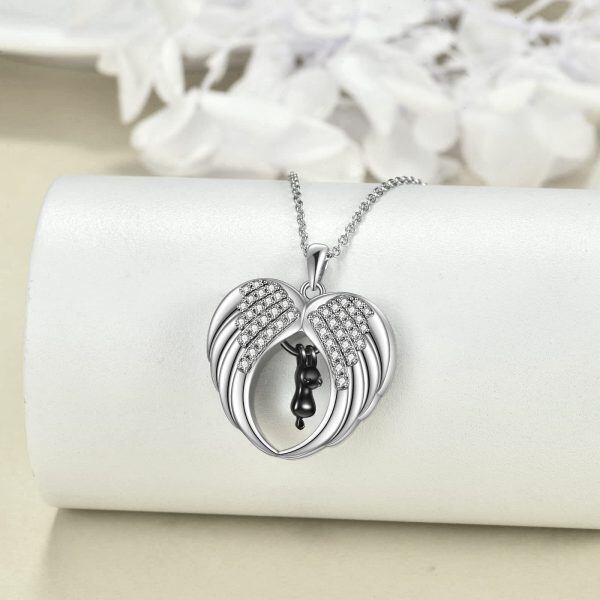 Sterling Silver Zircon Rhodium Plated Cat Angel Wing Urn Necklace-1